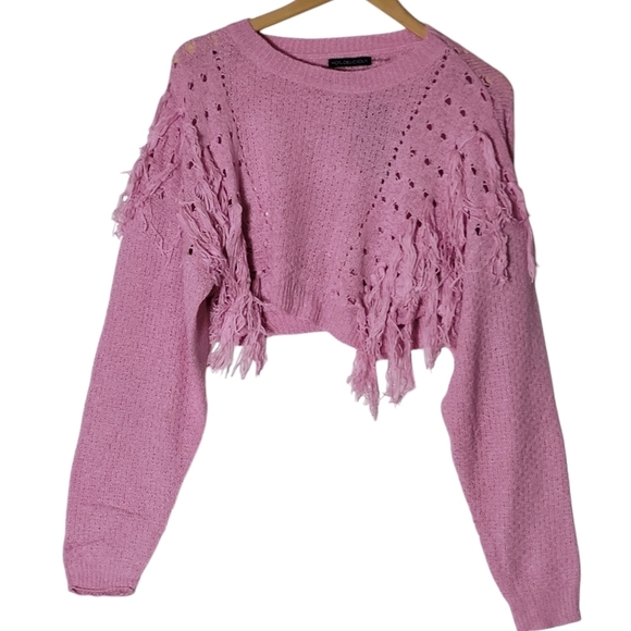 Cropped Sweater Pink Blue Knit Fringe - Picture 5 of 12